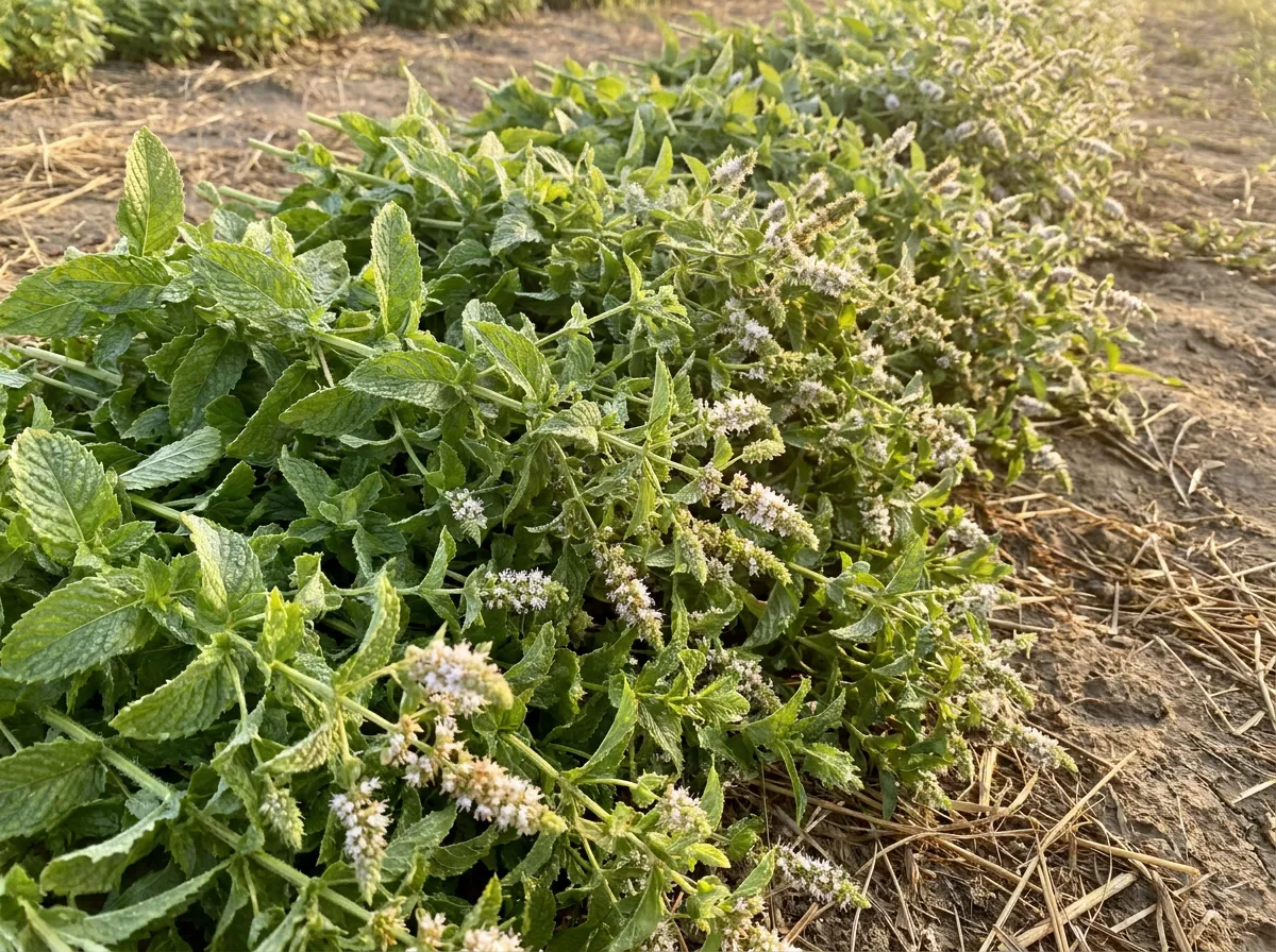 Rows of peppermint in flower being cut in a field on a summer morning